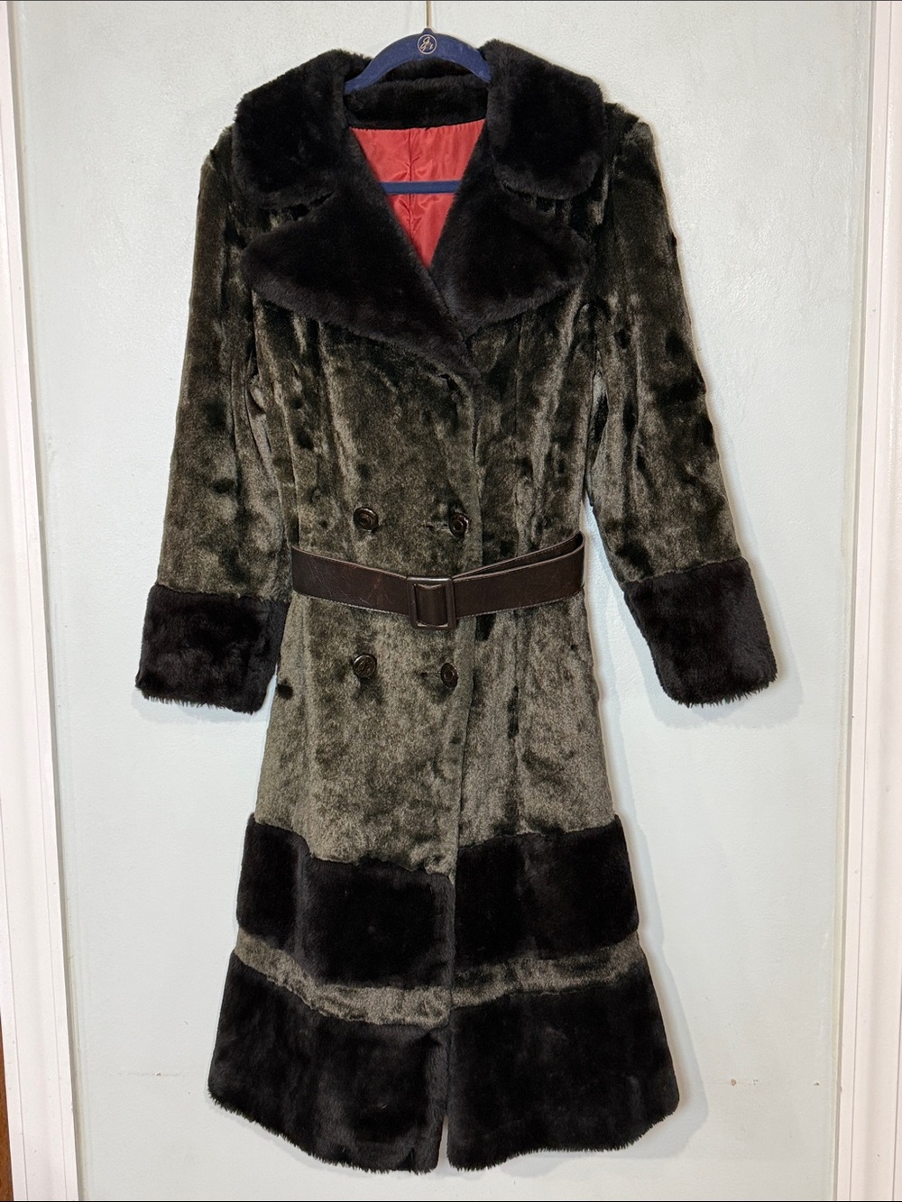 Union Made ILGWU Lux Penny Lane Faux Fur Belted Brown Double Breasted Long Coat